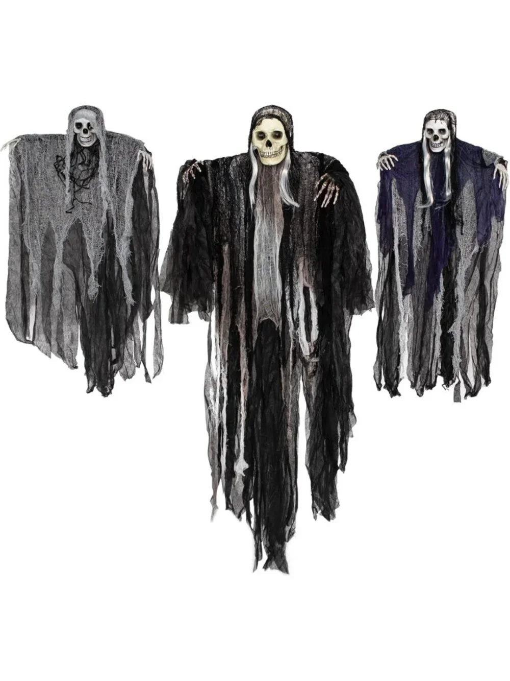 3 Pack Hanging Halloween Skeleton Ghosts & Grim Reapers - Spooky Outdoor Decor